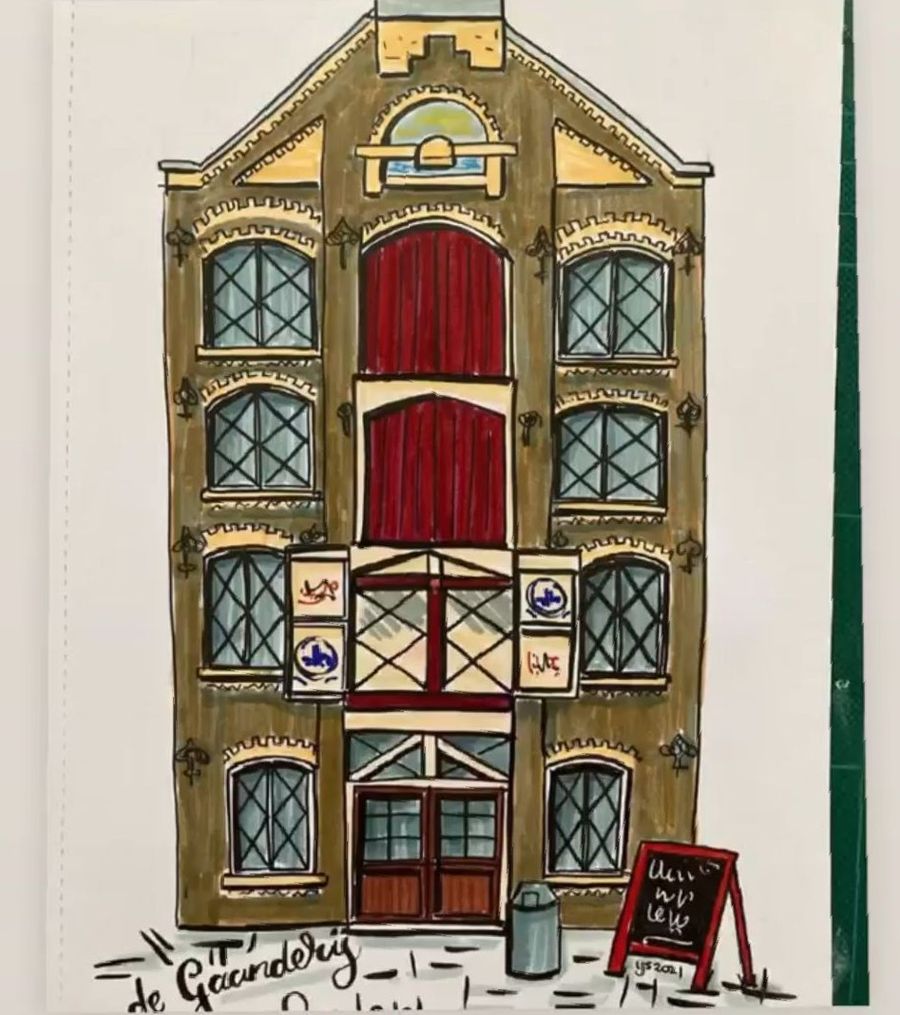 Handgetekende illustratie van de gevel van De Gaanderij